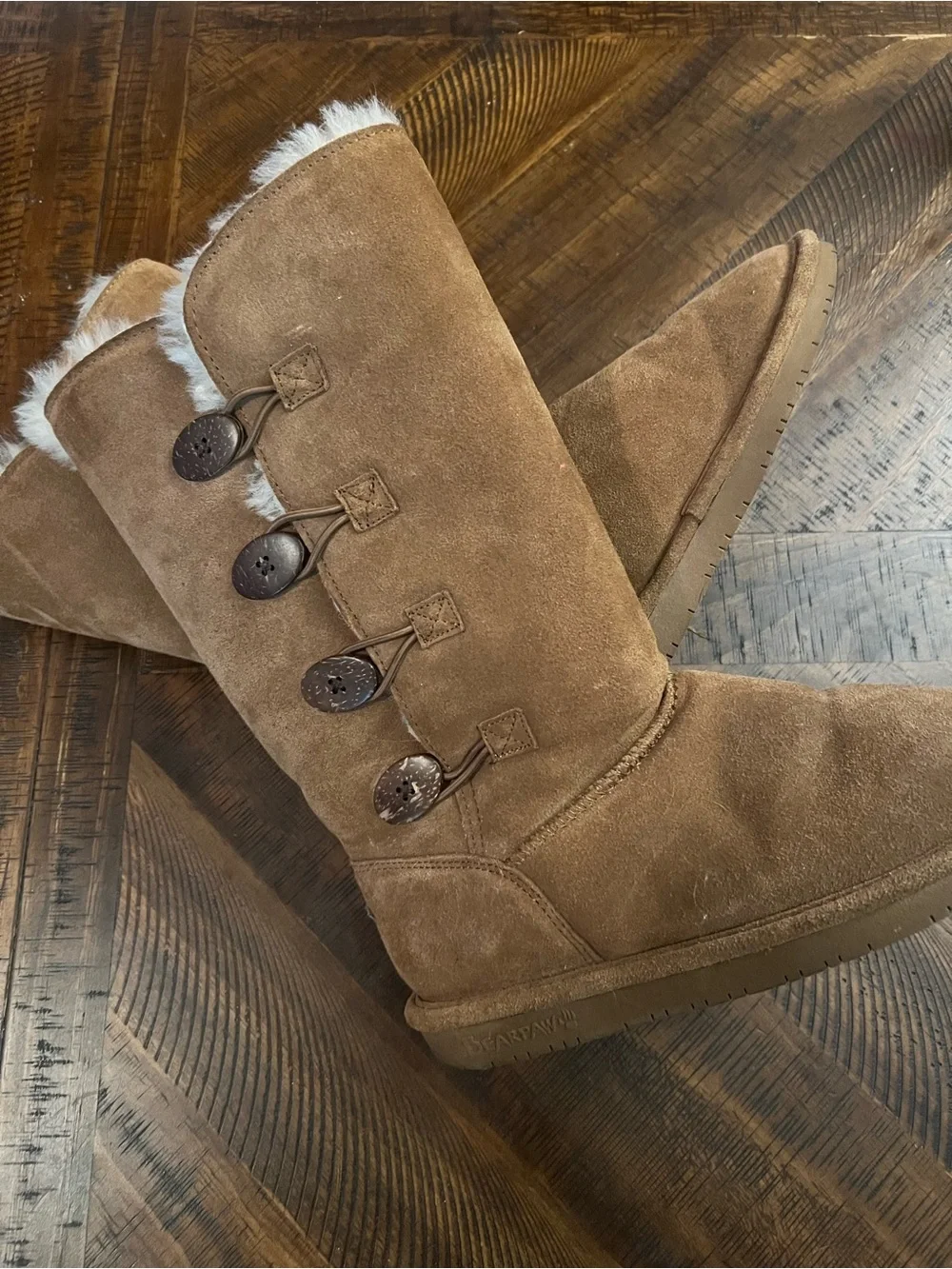 Bear paw Chestnut Button-Trim Suede Winter Boots with Faux Fur Lining